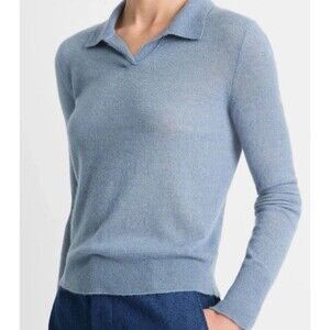 Vince Wool Silk Cashmere Polo Sweater Sz XL Collared Pullover Blue Quiet Luxury